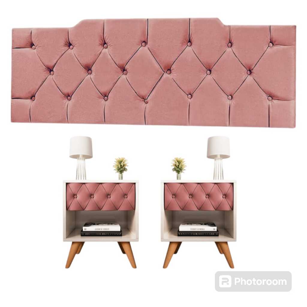 Conjunto Quarto 1 Cabeceira 1.40+ 2 Mesas Glamour Estofada Pé Madeira Pé em Madeira Maciça