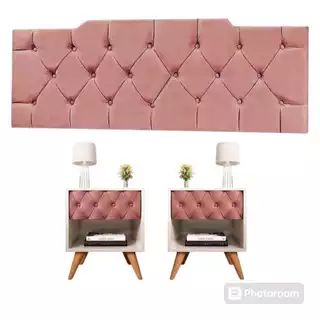 Conjunto Quarto 1 Cabeceira 1.40+ 2 Mesas Glamour Estofada Pé Madeira Pé em Madeira Maciça