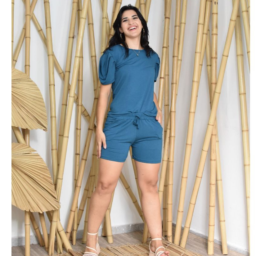 Conjunto Verão Viscolycra Blusa Manga Princesa Buanfane e Short Com Bolso Cintura Média