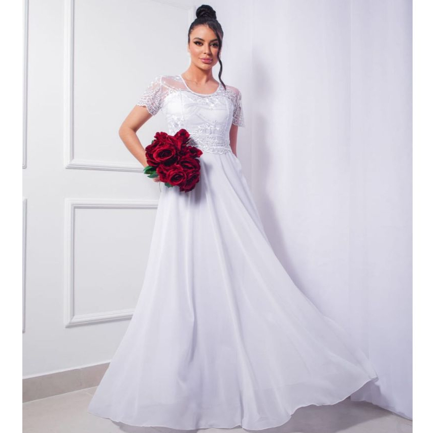 Vestido Noiva Casamento Longo Manga Curta Renda Gola Redonda