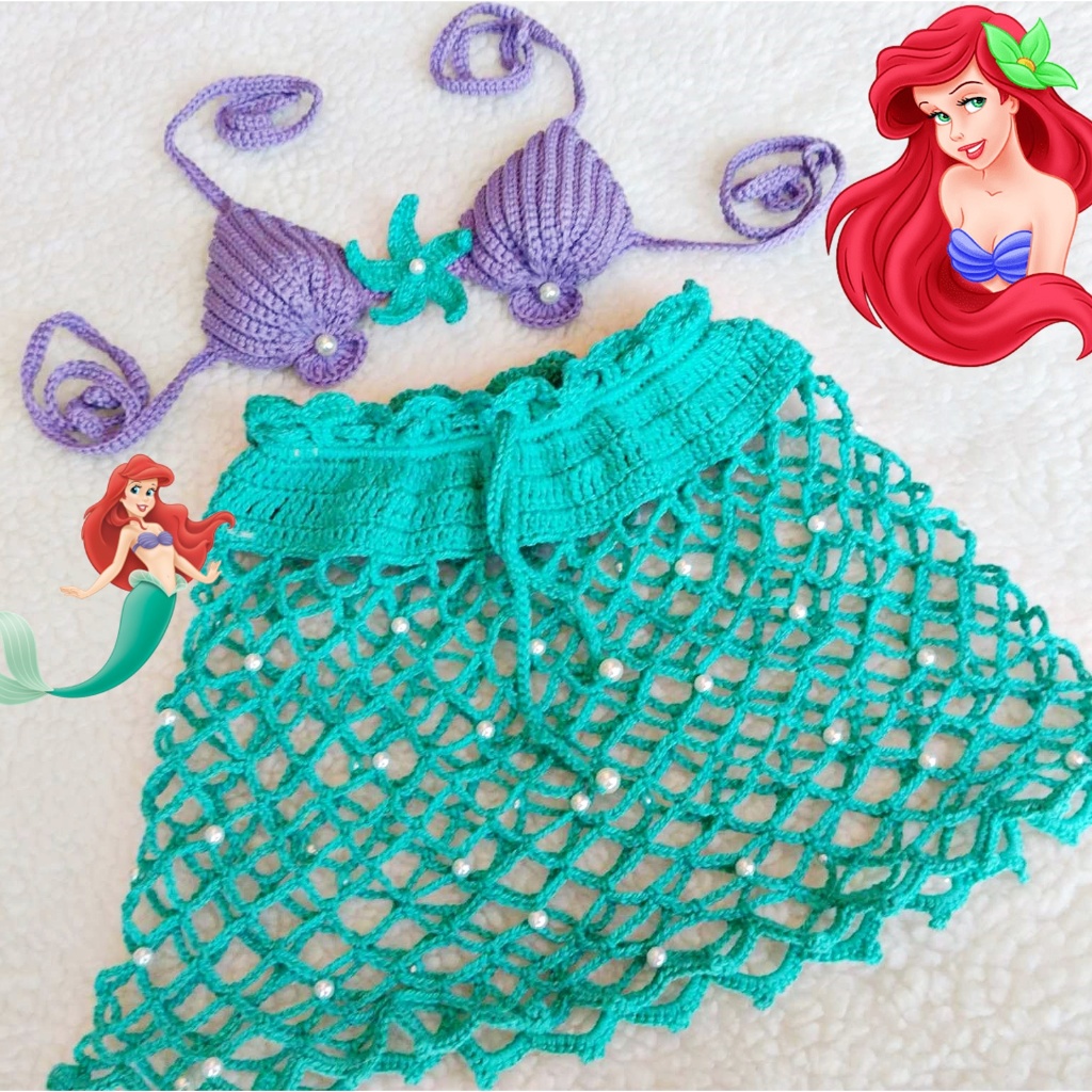 Saída de praia Sereia Ariel em Crochê para Bebês/conjunto de praia