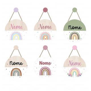 Enfeite Porta Maternidade Arco Íris Boho Menina Quadro Decorativo Infantil Com Nome Personalizado Placa De Quarto Guirlanda