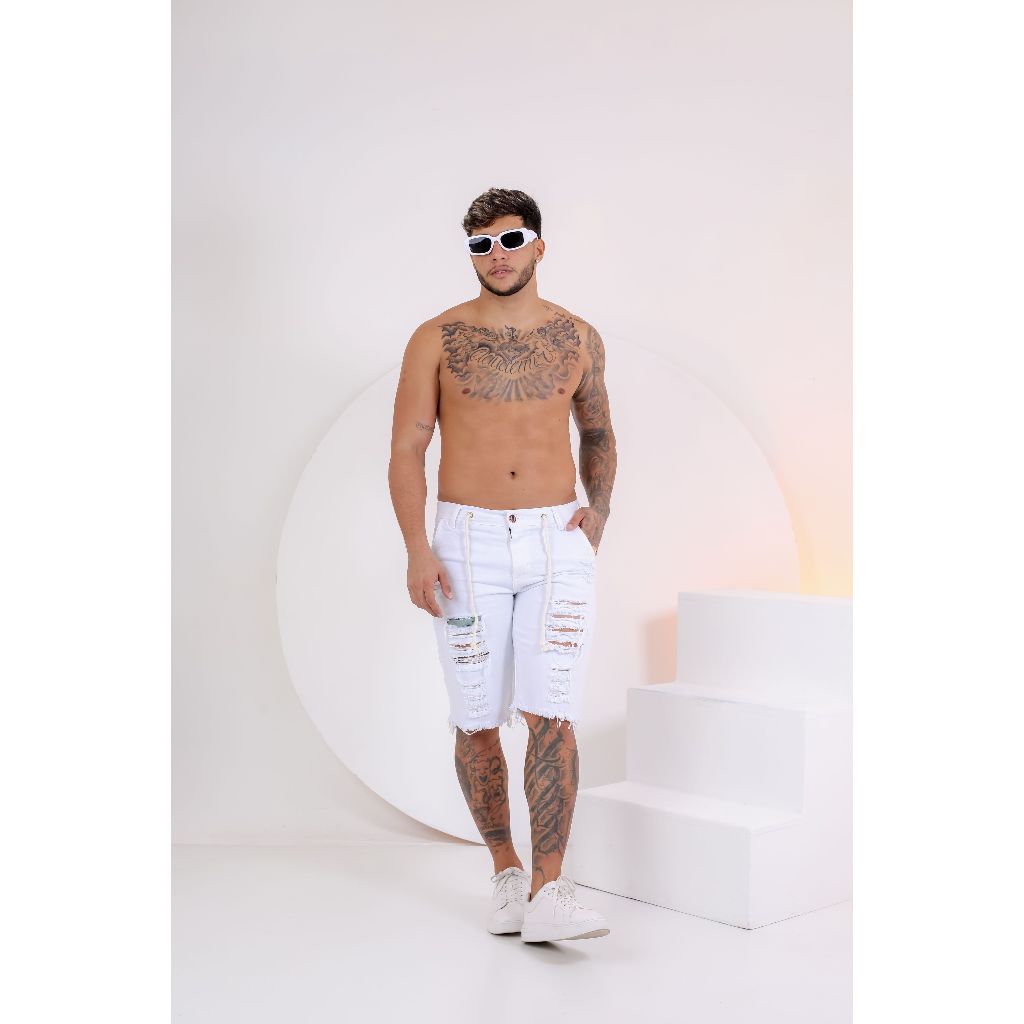 Bermuda Masculina Jeans Cor Branca, Artistic Fashion Rasgado