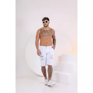 Bermuda Masculina Jeans Cor Branca, Artistic Fashion Rasgado