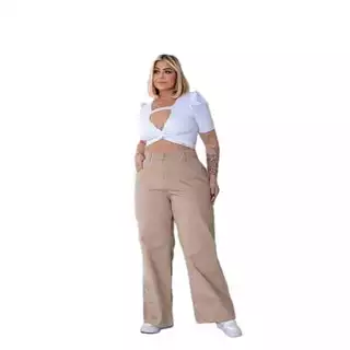 Calça Wide Leg Jeans Plus Size Feminina Colorida Moda Grande