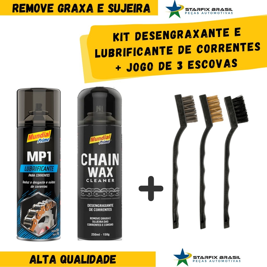 Kit Desengraxante Waxx Cleaner e Lubrificante de Correntes Mp1 + Jogo de 3 escovas para limpeza