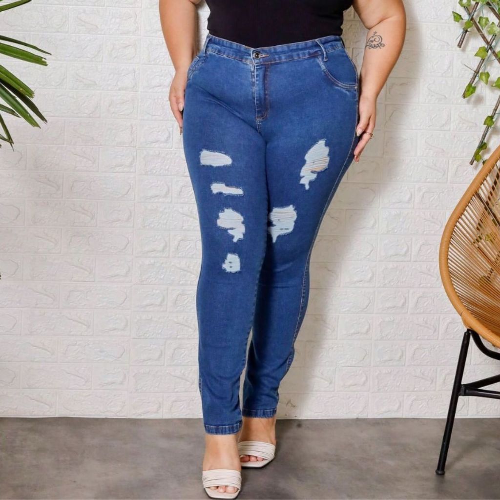 Calça Jeans Feminina Classica Rasgada Laser Cintura Alta Destroyer ...
