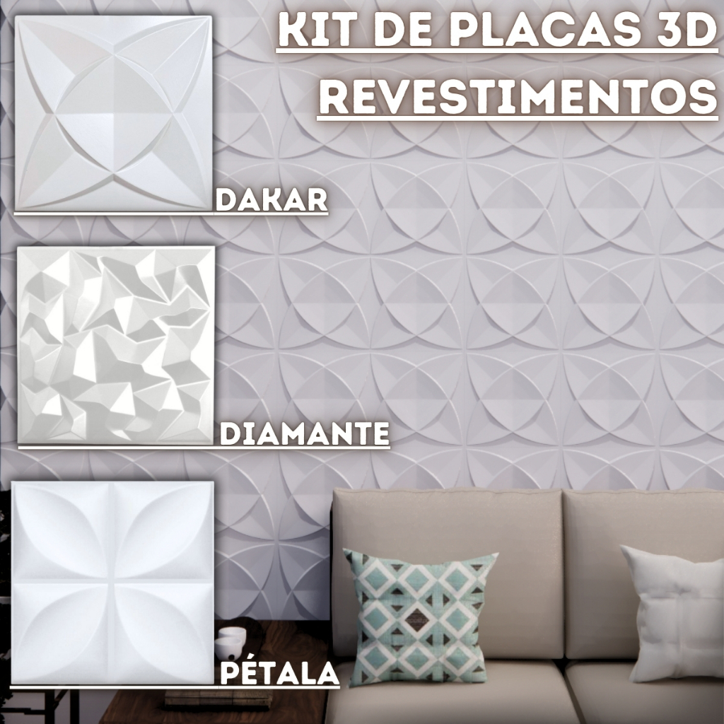 Kit 100 Placas 3D PVC Revestimento de Parede Impermeável Efeito Gesso 25x25cm