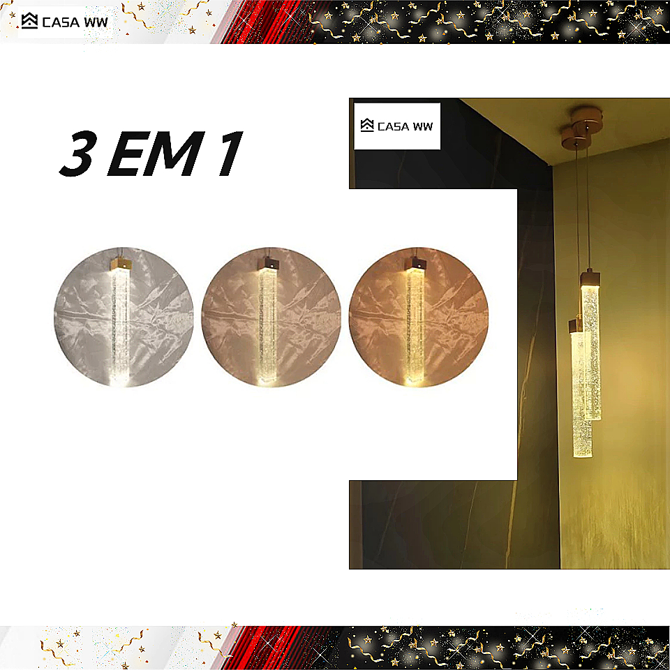 Luminária Pendente Lustre tubo bolha Empire 30 3 cores em 1 cristal