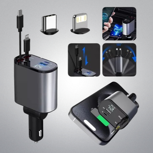 Portátil 4-Em-1 Carregador De Carro Universal Cabo Usb Display Digital Retrátil Adequado Para Telefones Celulares Iphone