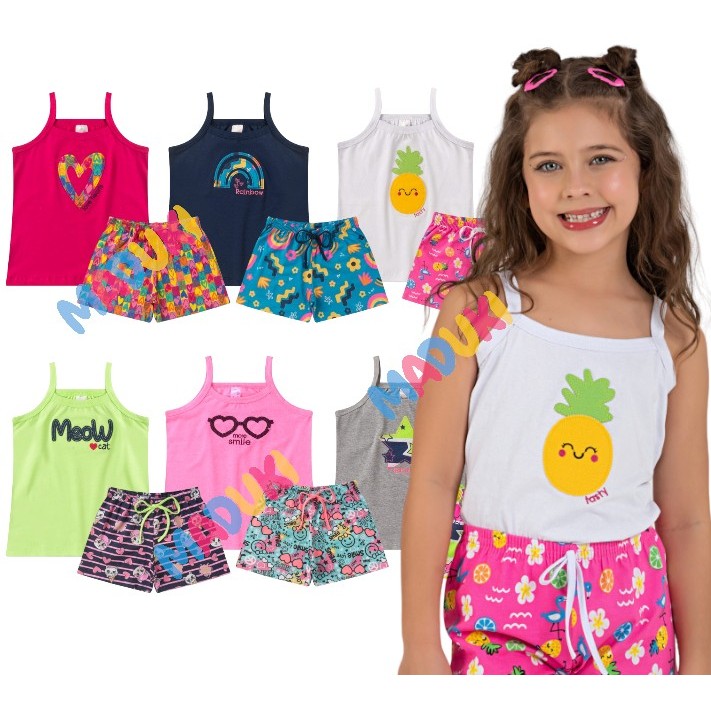 Kit 6 peças Infantil Juvenil Menina com Blusa Bordada com Alça e Shorts Estampado