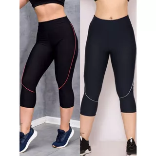 kit 2 Calça Legging Corsário Viés Suplex Elastano Cintura Alta Academia Fitness