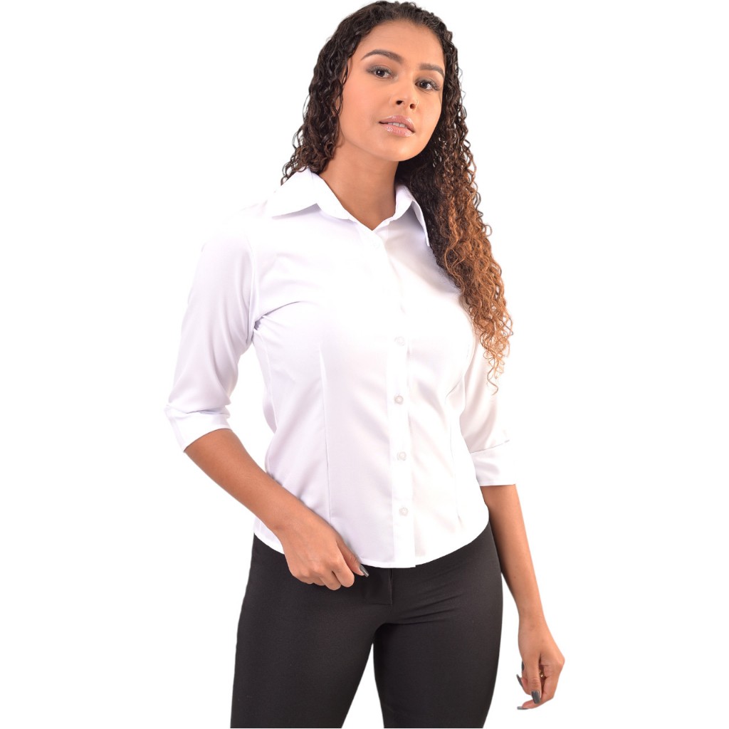 Camisa camisete manga 3/4 branca blusa de excelência social feminina ...