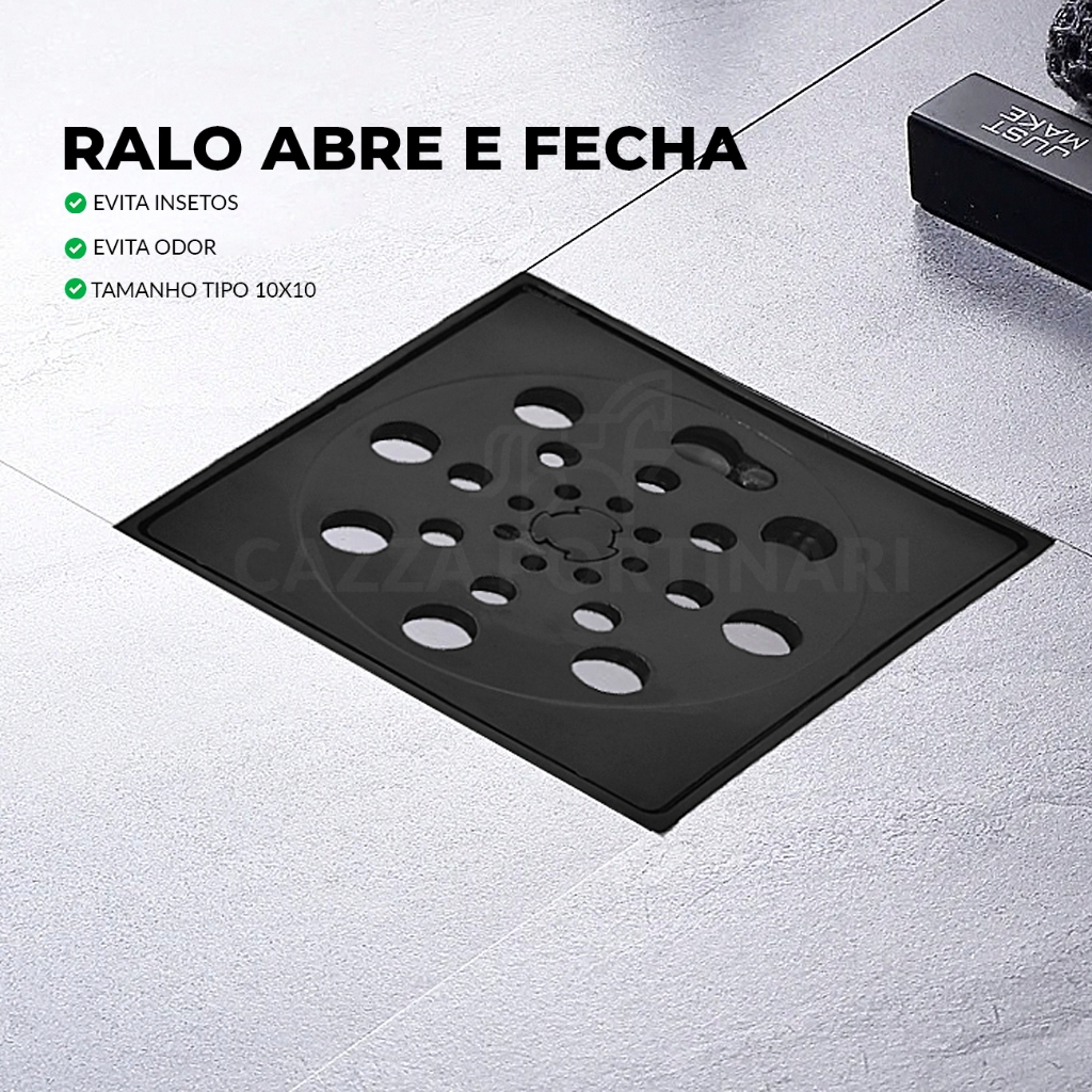 Ralo Banheiro Quadrado Abre e Fecha 10x10 Preto Evita Insetos e Odor