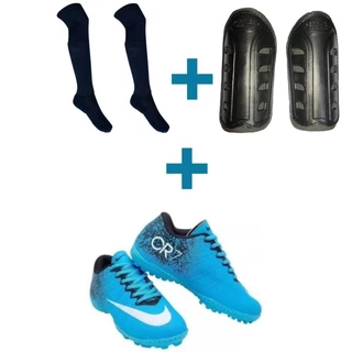 kit futebol chuteira meião e caneleira