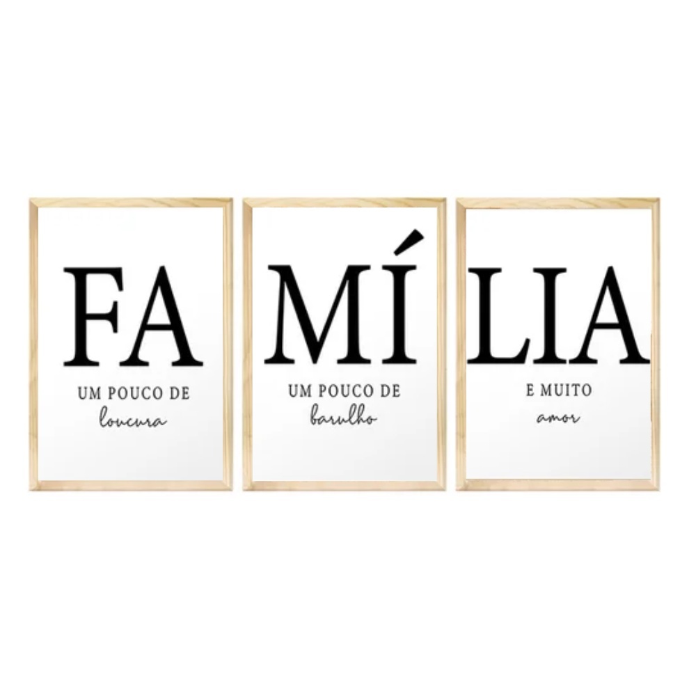 Kit 3 Quadros Decorativos para Sala Família Composição Trio Lar Amor