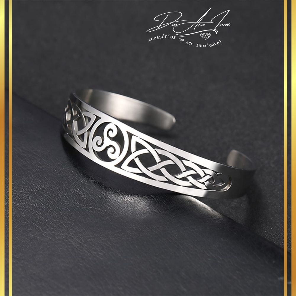 Bracelete Triskle Aço Inoxidável Trançada Runas Triplo Circulo Espiral Spiral Wicca Celta Vikings