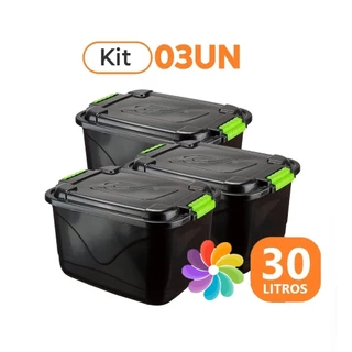 Kit 3 Caixas Organizadora 30L Tampa e Trava Cesto Container Grande P/ Brinquedos Ferramentas Multiuso em Oferta na Shopee