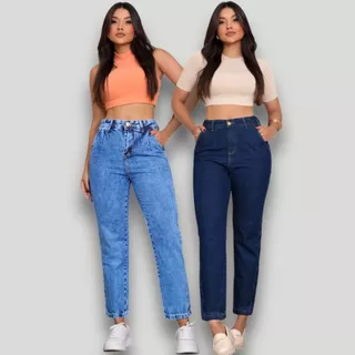 Kit 2 Calças Jeans Feminina Mom Com Pinça Cintura Alta 100% Algodao