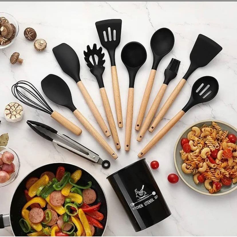Kit C/12 Peças Utensílios De Cozinha Colheres Espatula Silicone Cabo Madeira Decoração