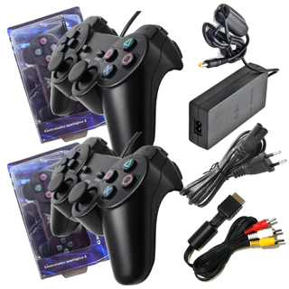 Controle Ps2 Kit 2 Unidades Joystick Manete Play 2 + Fonte Bivolt + Cabo AV + Acessórios de Consoles Playstation 2