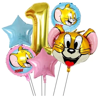 Kit c/1/5/6 balões metalizado tom gato , Jerry rato cabeça mede 75 cm número mede 40 cm