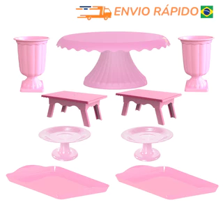 Kit completo festa Boleira Cake 19cm + 2 Vasos Grego + 2 Mesinhas + 2 Bandejas 20x13 + 2 Mini rosa