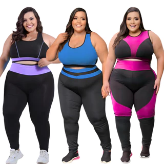 Kit 3 Conjuntos Fitness Plus Size Top + Calça Legging GG ao EXGG Roupa de academia feminina Curve