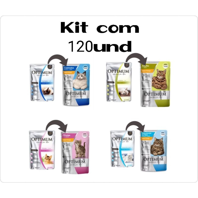 KIT 120 SACHÊS OPTIMUM GATO - SABORES: FRANGO/CARNE/SALMÃO 85G