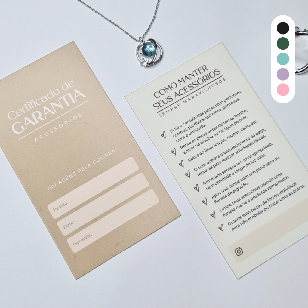 Certificado de garantia e cuidados acessórios e semijoias 9x5
