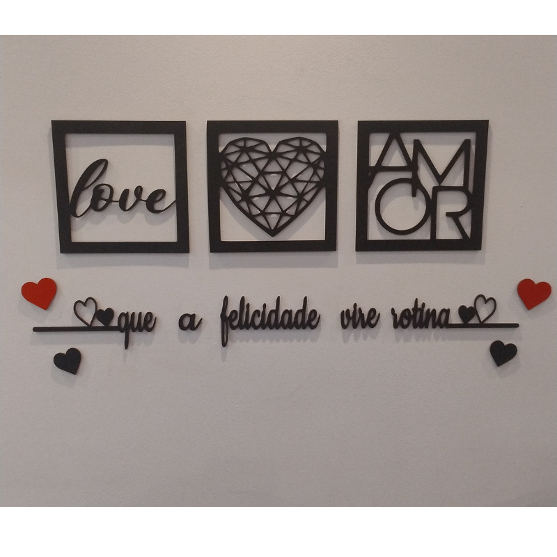Kit 3 Quadros Decorativos + Frase Com 2 Mini Apliques de Coração Frase de Parede Quarto Ou Sala