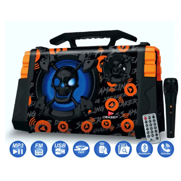 Caixa de Som Portátil Karaoke com Microfone - D-D05 Mp3 Sd Bluetooth Amplificador 50w Controle