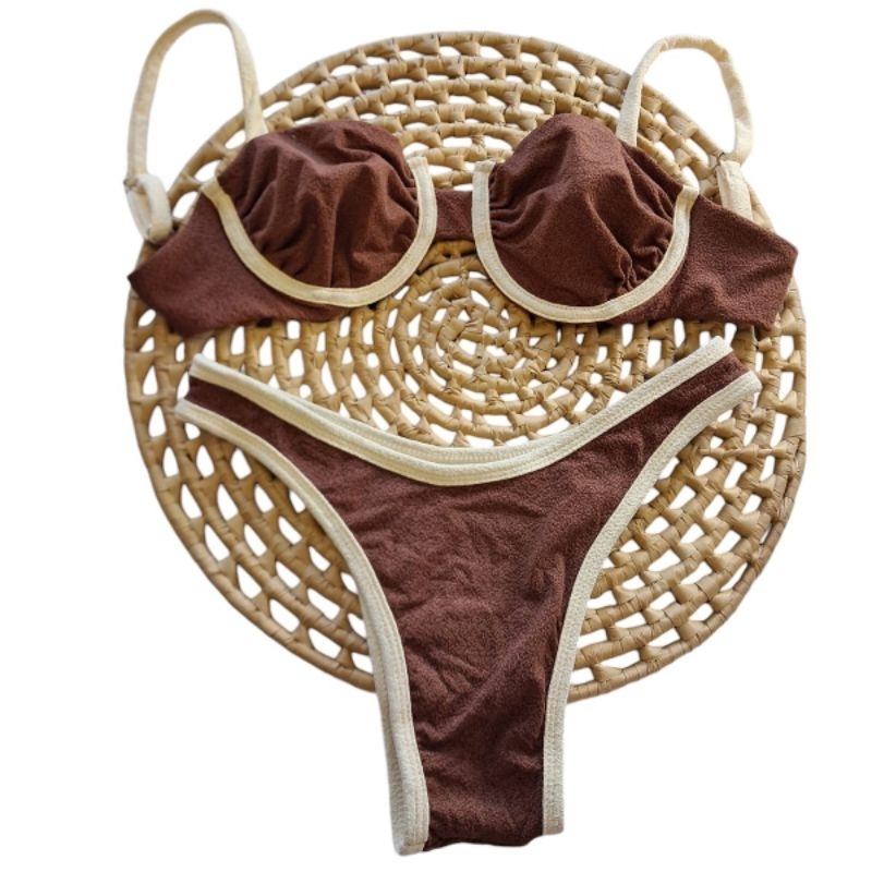 Biquíni meia taça +calcinha asa delta bicolor tecido textura marron cobre laranja
