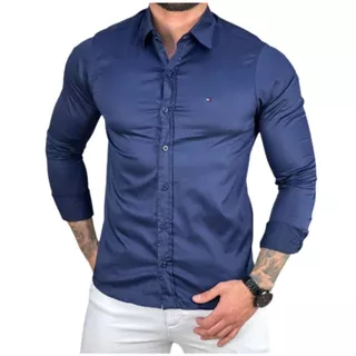 Camisa Social Luxo Masculina T H Algodão Manga Longa Slim Casual