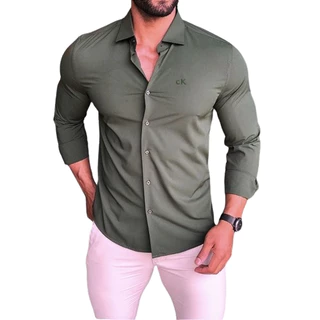 Camisa Social Básica Lisa Manga Longa C K Masculina Algodão Slim Fit Casual