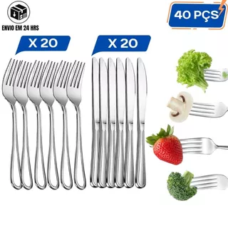 Kit de Talheres 40 Peças em Aço Inox Linha Premium 20 Garfos 20 Facas Casa Cozinha Buffet Restaurante