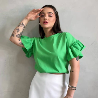 Cropped Feminino Mangas Babado e Elástico na Cintura 100% algodão
