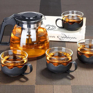 Jarra Bule Chaleira Vidro Infusor Premium 1 Litro Com 4 Xícaras 200ml - Conjunto Chaleira e Xícaras