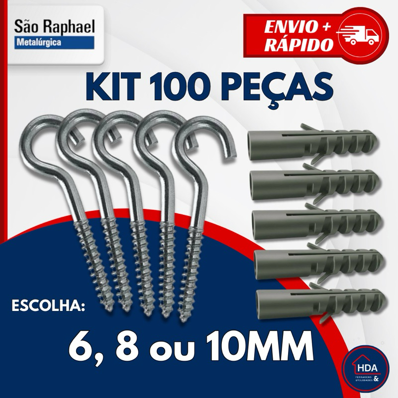 Kit de Gancho e Bucha para Fixação de 6, 8 ou 10 mm - 100 peças - São Raphael