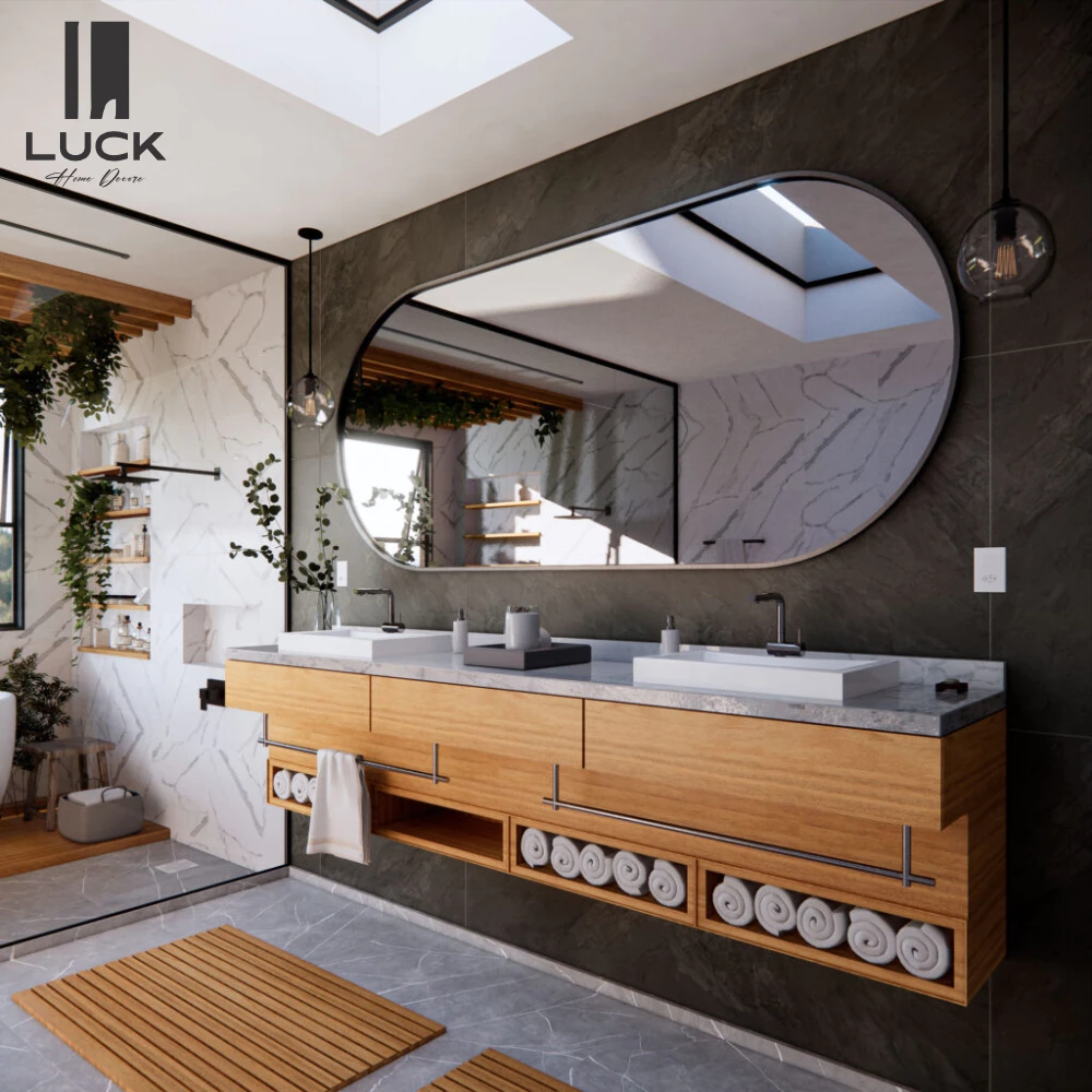 Espelho Oval Grande Decorativo Corpo Inteiro 1,10X50 borda de couro + suporte duplo para instalação