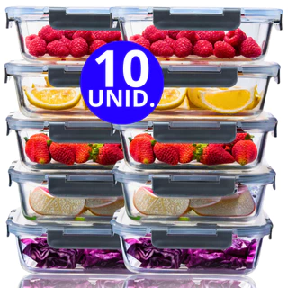 Conjunto 10 Potes Vidro Hermético Marmita 640ml Mantimento Fitness Dieta Vai na Geladeira Microondas