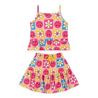 Conjunto Verão Menina Cropped E Saia Com Babado Sorrisos Floridos