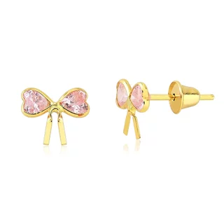 Brinco de Ouro 18k Lacinho com Coração Rosa em Oferta na Shopee