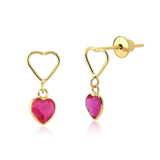 Brinco de Ouro 18k Coração Vazado com Zircônia Rubi pendurada em Oferta na Shopee