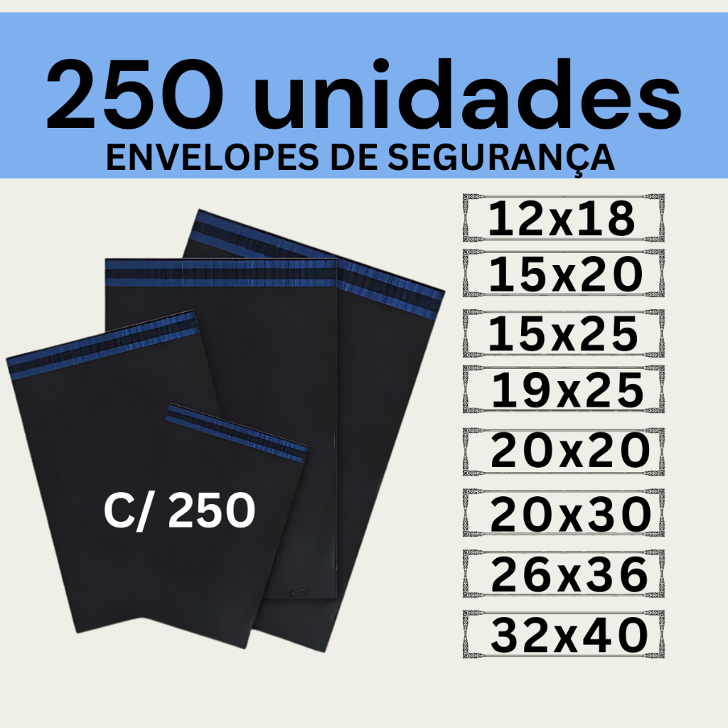 Kit 250 Envelopes Segurança Embalagem De Envio 12x18 15x20 15x25 19x25 20x20 20x30 26x36 32x40