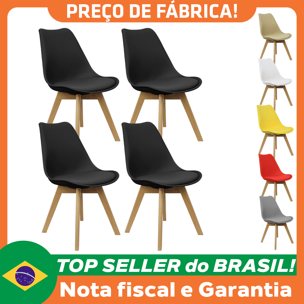 Kit 4 Cadeiras Charles Eames Leda Luisa Saarinen Design Wood Estofada Base Madeira