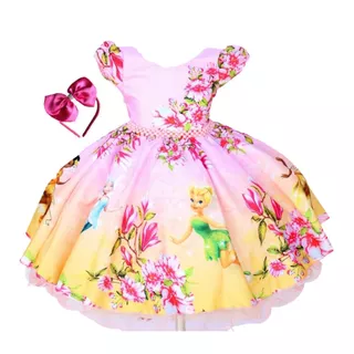 Vestido Infantil Festa Luxo Fada Tinker Bell Sininho E Tiara