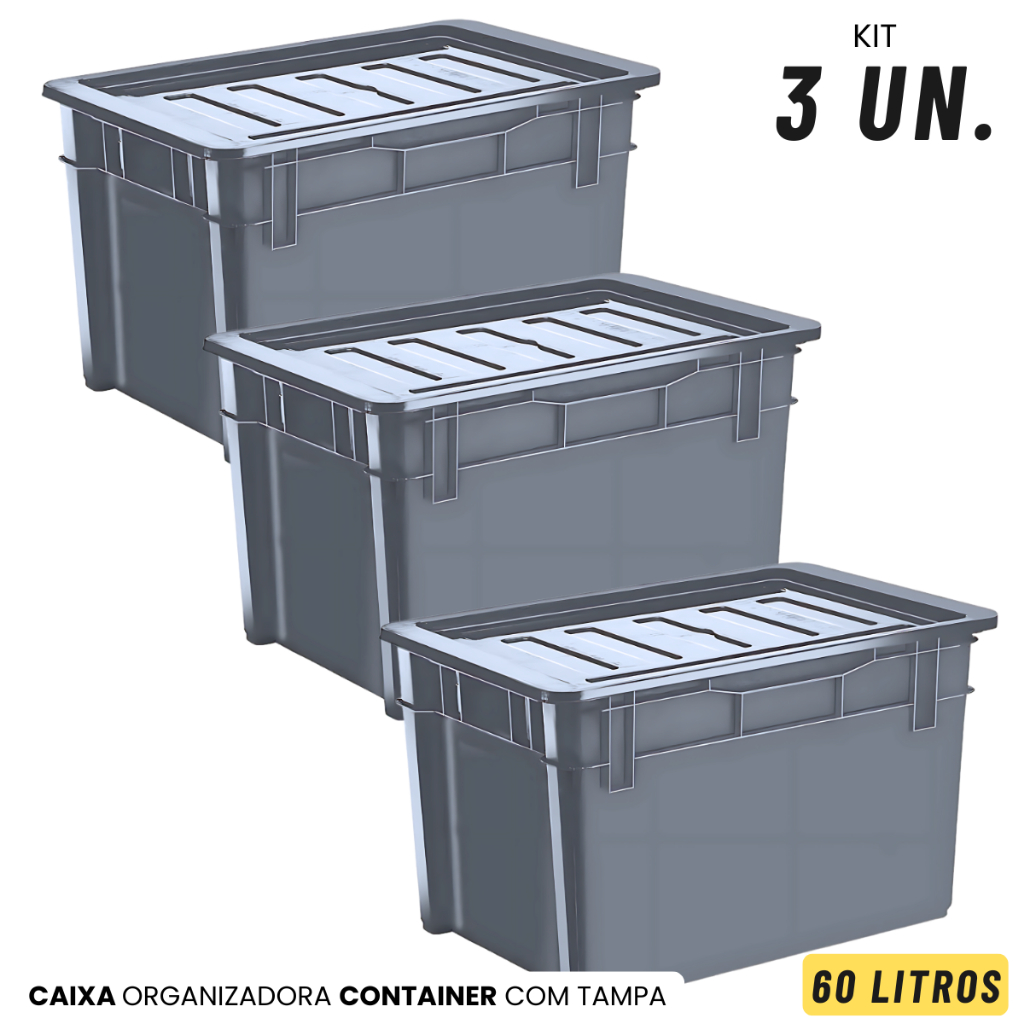 Kit 3 Caixas Organizadoras Preta Grande Multisuso 60 L Super Resistente ...