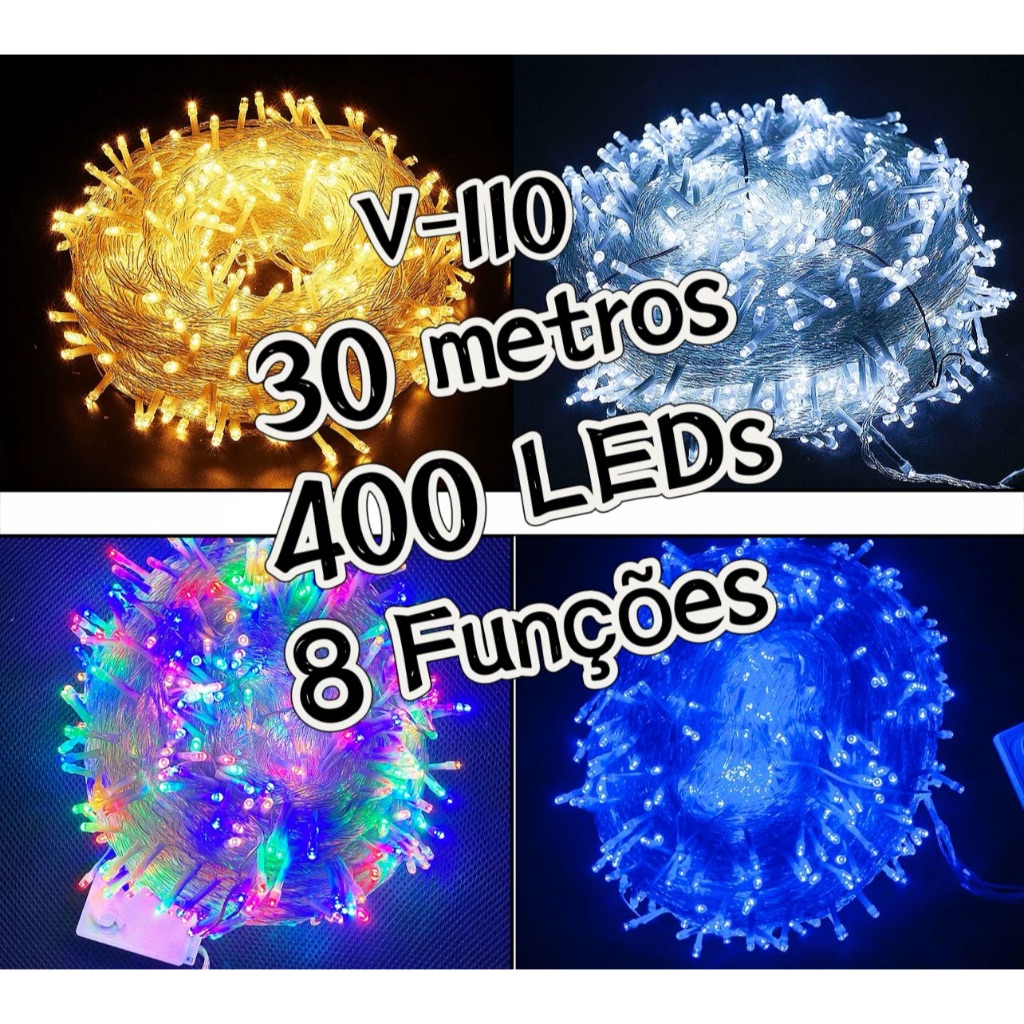 LUZ NATALINA 400LEDS 30M PISCA 8 FUNÇÕES 127V FIO TRANSPARENTE OU VERDE