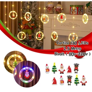 LUZ FIGURA NATALINA DIVERTIDA CASCATA PISCA CORTINA 130LEDS 2.5M FIO DE FADA BIVOLT 110V/220V